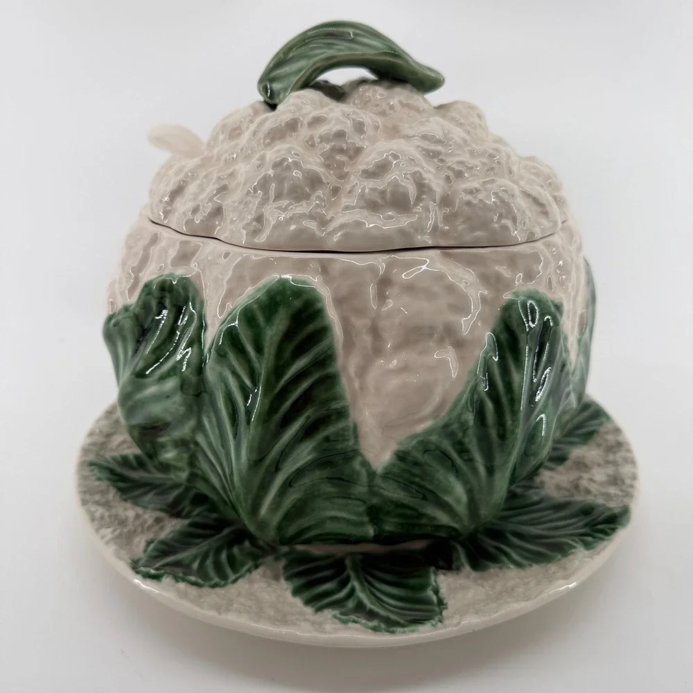 Vintage Portugal Ceramic Cauliflower Tureen Set Lid Ladle Underplate Majolica